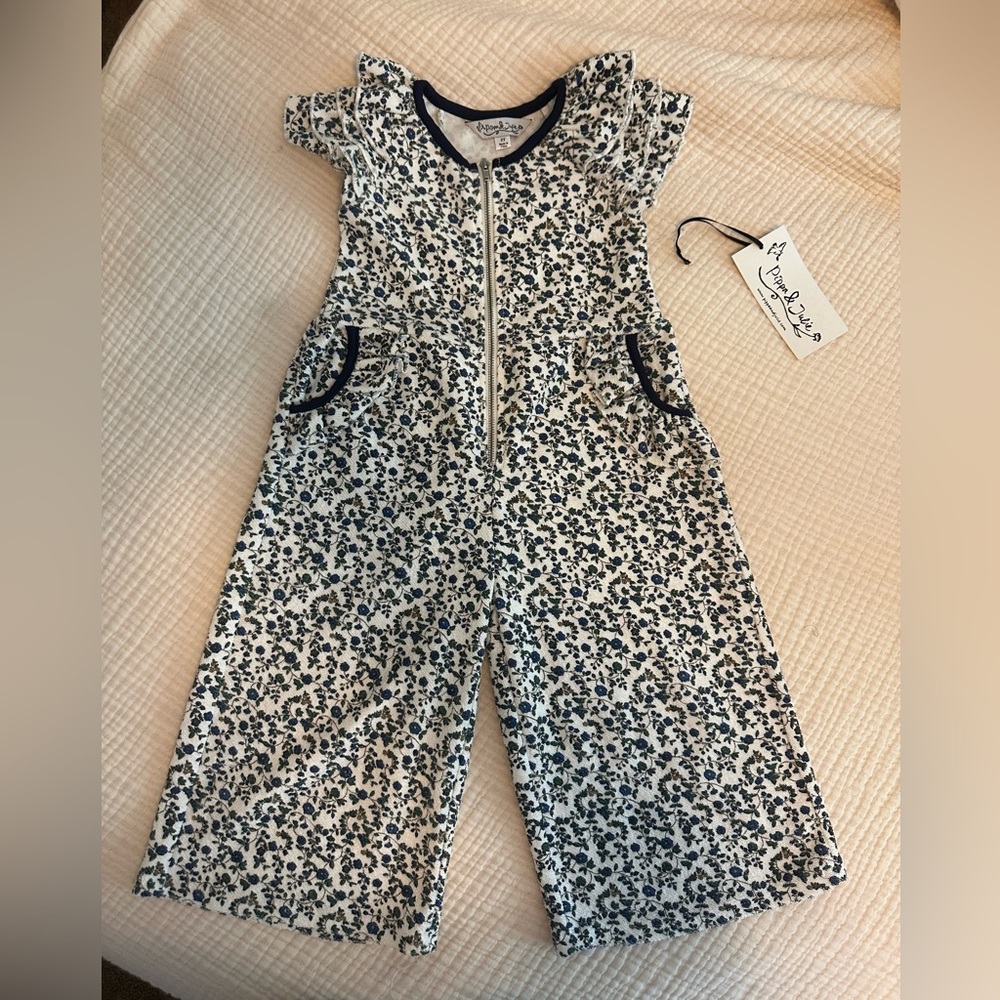 Pippa & Julie Navy and White Floral Ruffle Sleeve Jumpsuit